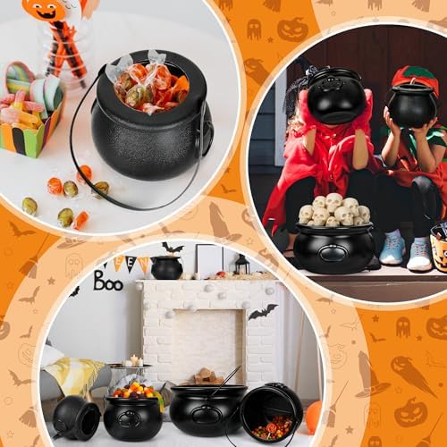 5 PCS Halloween Cauldron with Handle, Black Plastic Candy Holder Pots