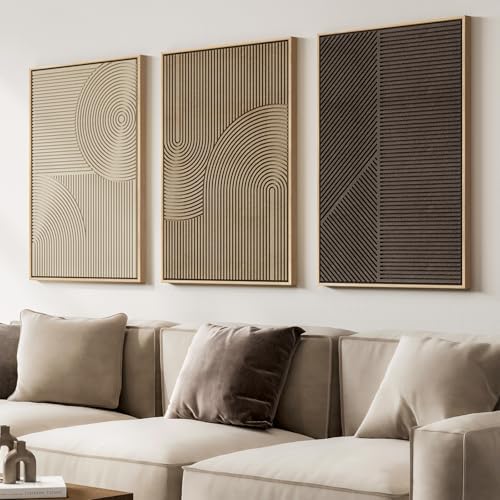 Large 3D Framed Neutral Abstract Wall Art for Living Room, 3 Piece 24x36 In