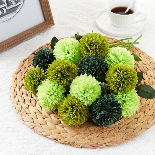 SITUMEIZI 12 Pcs Green Flowers Artificial Chrysanthemums, Fake Mums