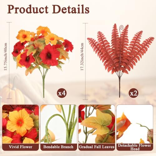 Agusbagli 6PCS Artificial Fall Flowers Morning Glory with Fern Grass