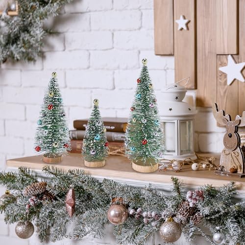 Winlyn 3 Pcs Christmas Frosted Bottle Brush Trees with Wood Base Small Green Sisal Trees with Ornaments Snowy Tabletop Christmas Trees 4.7"- 9.3" Tall for Christmas Village Decor Winter Holiday Party