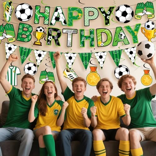 Soccer Party Decorations, 14Pcs Soccer Birthday Party Supplies Include Soccers Happy Birthday Banner Paper Garland Hanging Swirl for Boys Sports Birthdays Decor