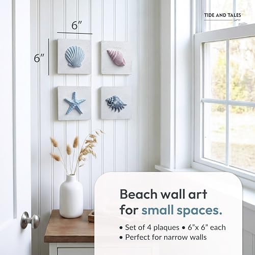 Tide and Tales 3D Seashell Wall Art, Coastal Bathroom Wall Decor, Set of 4