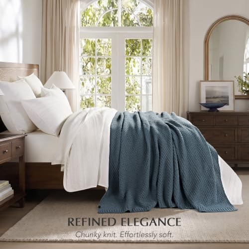 EVERGRACEHOME Chunky Chenille Knit Throw Blanket, 90 x 90, Stormy Blue