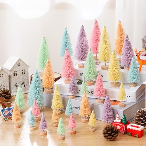 Soulchen 30 Pcs Pastel Mini Christmas Trees, Bottle Brush Village Decor