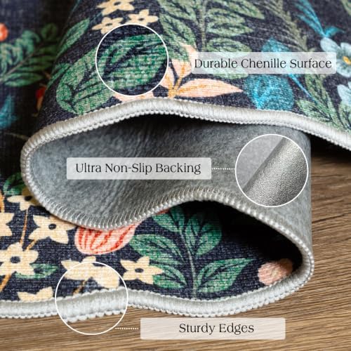 Dark Navy Floral Entry Rug - 3x5 Ft Washable Indoor Outdoor Mats for Front Door Porch Rug Non-Slip Spring Door Mat Boho