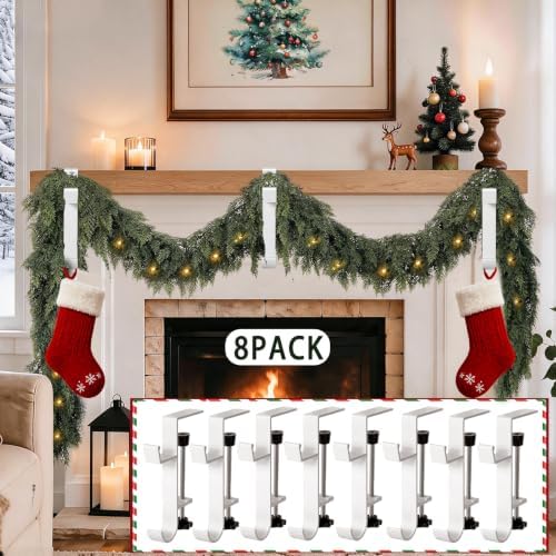 HMASYO 2-in-1 Christmas Garland & Stocking Holders for Mantle, Adjustable Low-Profile Fireplace Hangers with Dual Hooks, Metal Stocking Hooks for Garland, Fits 0.5”-3.4”Mantels (White, Set of 8)
