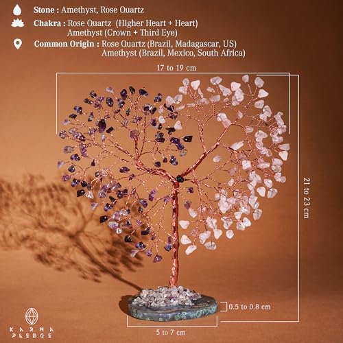 Handmade Healing Crystal Tree of Life Amethyst & Rose Quartz Chakra Tree for Money, Good Luck, Feng Shui Home Decor