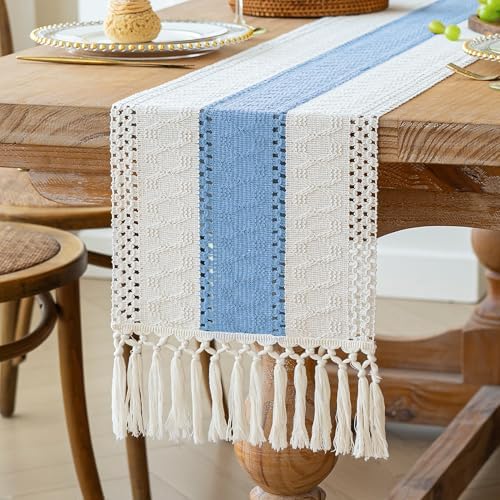 FEXIA Boho Table Runner for Home Decor 12x72 Light Blue Farmhouse Decor