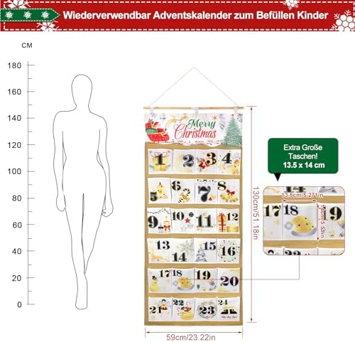 HOWAF Christmas Fabric Advent Calendar, 58 x 128 cm Fillable Advent Calendar 2026, Christmas Countdown Calendar with 24 Large Pockets to Fill Yourself, Hanging Calendar Countdown to Xmas