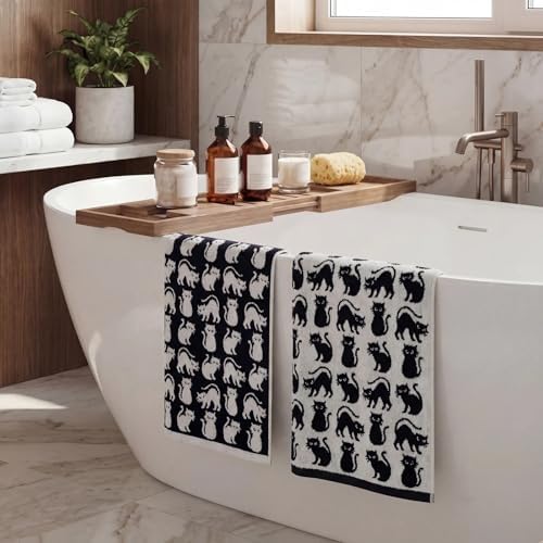 Breling 2 Pcs Halloween Cat Hand Towels Black White Bathroom Towels