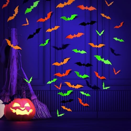 LOLStar Glow Halloween Bat Stickers, Neon Bat Wall Decals, 72PCS, 4 Sizes