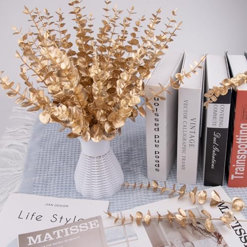 FEQO 36 Pcs Gold Artificial Eucalyptus Stems 15" Faux Eucalyptus Branches