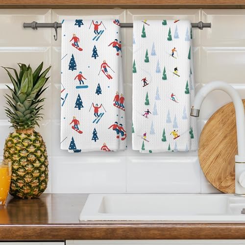 XPH Winter Skiing Kitchen Dish Towels Set of 2, Ski Lovers Gifts for Women Men, Skiing Gifts, Cozy Seasonal Winter Hand Towels Kitchen Tea Towel Decorations, 16x24inch