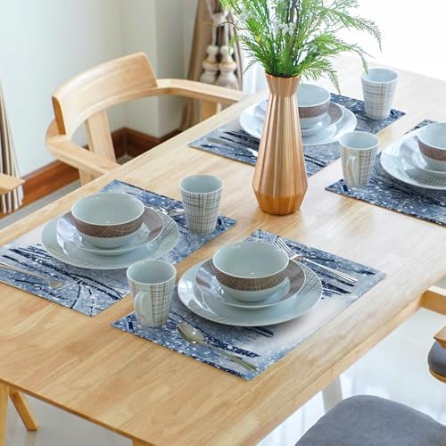Winter Placemats Set of 6 18x12 Inch Snow Snowflake Forest White Holiday Linen Place Mat Heat-Resistant Washable Wipeable Winter Sence Table Mat for Party Kitchen Dining Home Decor