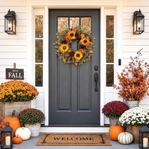 Pinkpum 20" Fall Wreath Front Door Pumpkin Sunflower Pine Cones Wall Decor