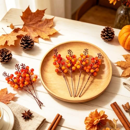 24 Pack Fall Berry Stems 7.5" Orange Berry Picks