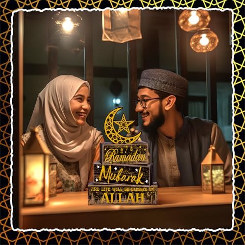 Moucuny 4 Pcs Ramadan Mubarak Wooden Block Signs, Farmhouse Table Decor