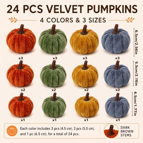 Weysat 24 Pcs Rustic Velvet Pumpkins Fall Thanksgiving Decor, Assorted Size