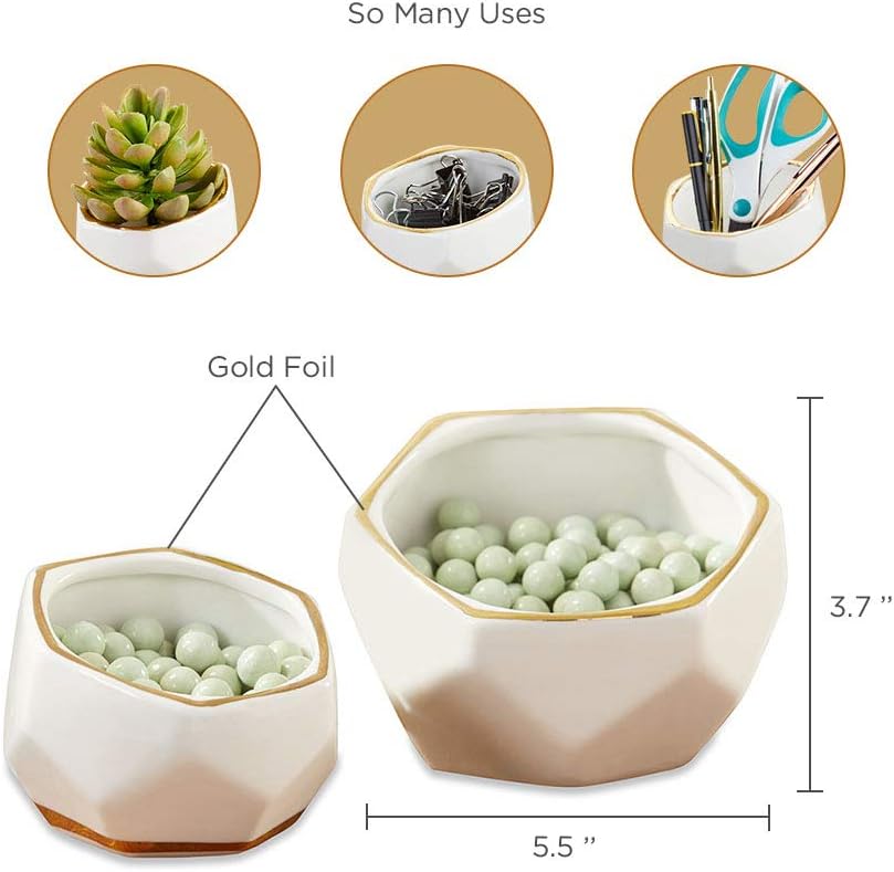 Geometric Ceramic Planters Decorative Bowls / Small & Medium / White / Set of 2