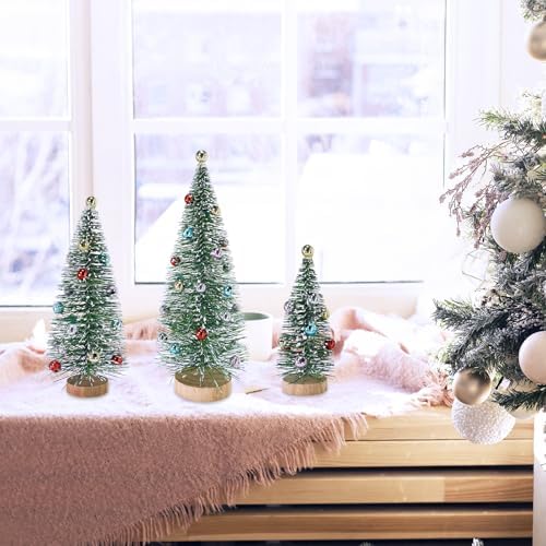 Winlyn 3 Pcs Christmas Frosted Bottle Brush Trees with Wood Base Small Green Sisal Trees with Ornaments Snowy Tabletop Christmas Trees 4.7"- 9.3" Tall for Christmas Village Decor Winter Holiday Party