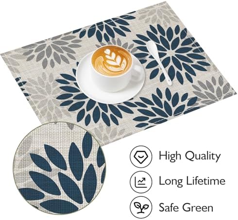 Niviy Dahlia Aqua Floral Pinnata Flower Placemats Set of 4, 12x18 Inch Washable Easy to Clean Heat-Resistant Anti-Skid Grey Placemats for Holiday Party Kitchen