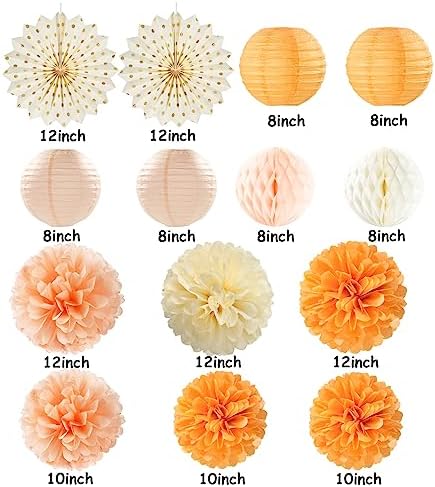 Beige-Orange Peach Fall Party-Decorations Paper-Lanterns- 14pcs Autumn Thanksgiving Harvest Birthday Boho Streamers Fan,Tissue Pom Poms, Baby Bridal Shower Wedding Engagement Decor Lasting Surprise