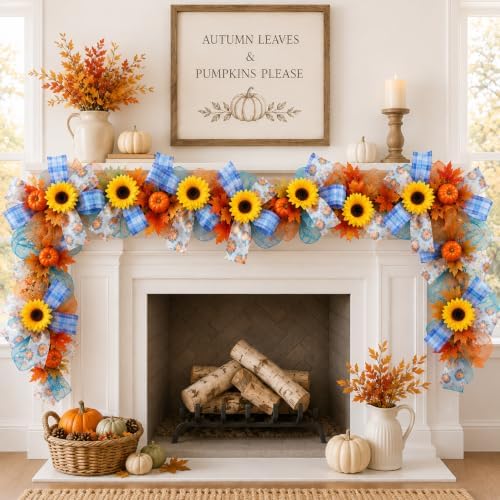 Fall Garland for Mantle 6FT Pumpkin Sunflower Mesh Autumn Decor