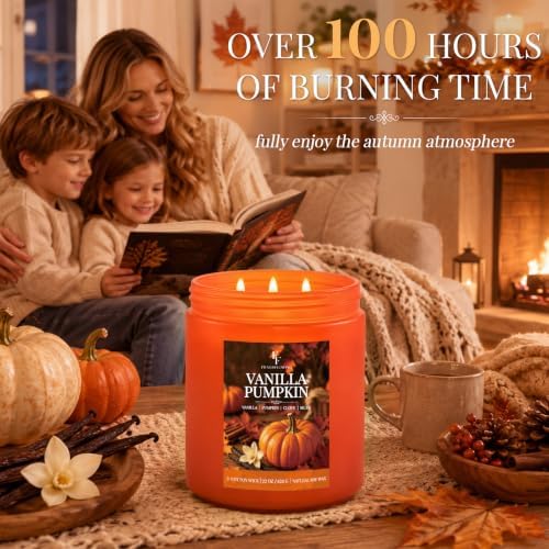 Large Fall Candle Vanilla Pumpkin Scented, 3-Wick 22oz Long Lasting