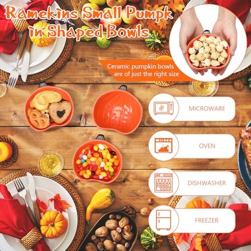 4 Pcs Fall Ramekins 6 oz Oven Safe Pumpkin Ceramic Ramekins Small Creme Dishes Dipping Pumpkins Baking Dish Thanksgiving Pumpkin Shaped Bowl Plates for Kitchen Party Snack Serving Dip Sauce Condiments