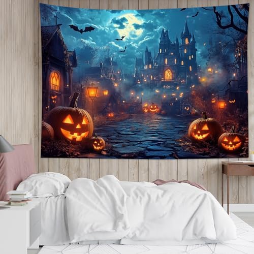 HVEST Horror Halloween Tapestry Wall Hanging Spooky Pumpkin and Gothic Haunted House Wall Art Moon and Scary Bat Tapestry for Bedroom Living Room Dorm Wall Decor, 40L X 60W inches
