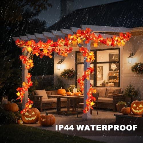 2 Pack Fall Decorations Lighted Fall Garland, 9FT 50 Count Incandescent Lights Brown Wire UL Certified Connectable Maple Leaves String Lights for Home Fireplace Mantle Thanksgiving Decor