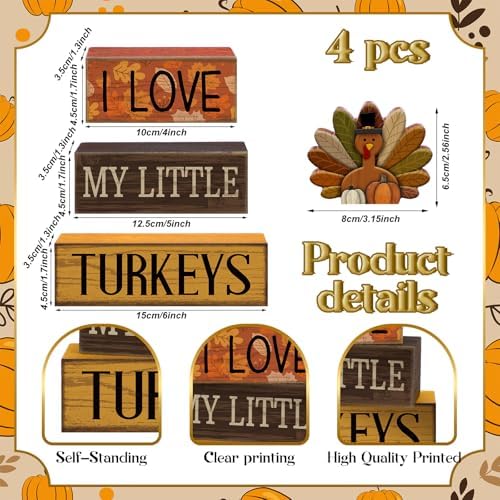 Lineshading 4 Pcs Thanksgiving Block Signs, I Love My Little Turkeys Wood