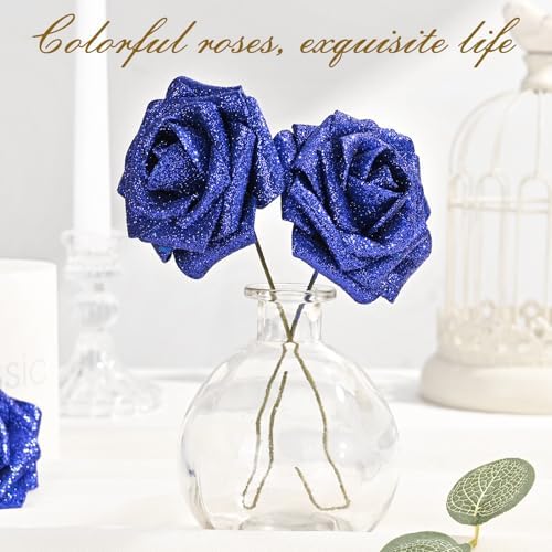 BLEUM CADE 36Pcs Artificial Flowers Glitter Roses with Stems for Wedding