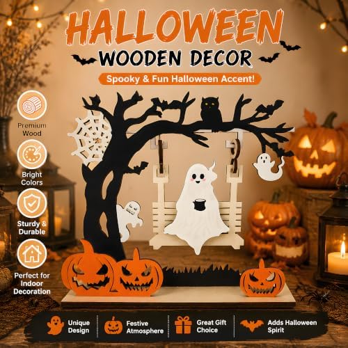 Halloween Decorations - Ghost Pumpkin Wooden Centerpiece Table Decor