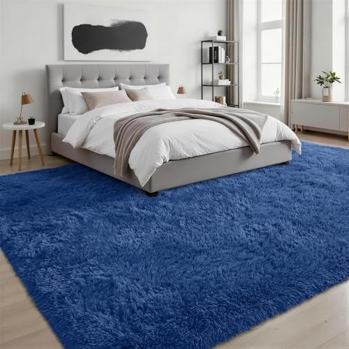 8x10 Area Rug Living Room Bedroom: Fluffy Plush Shag Carpet Blue