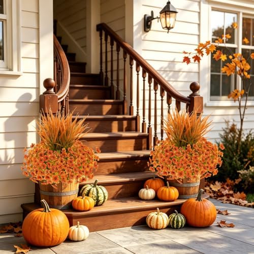 15 PCS Artificial Fall Flowers for Outdoors, Five-Petaled Faux Silk Mums