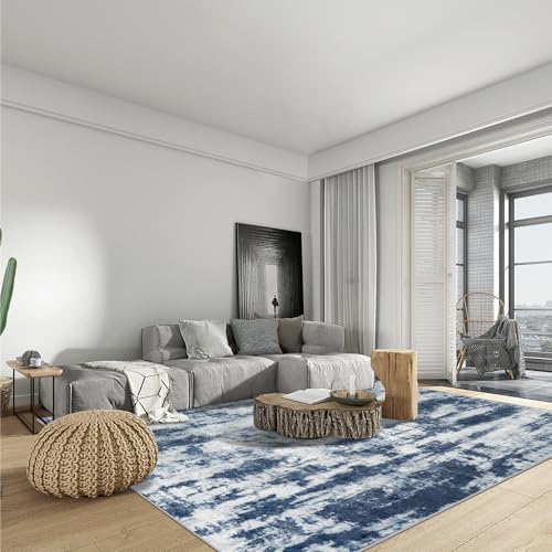 8x10 Area Rugs for Living Room: Washable Abstract Blue Grey Badroom Carpet