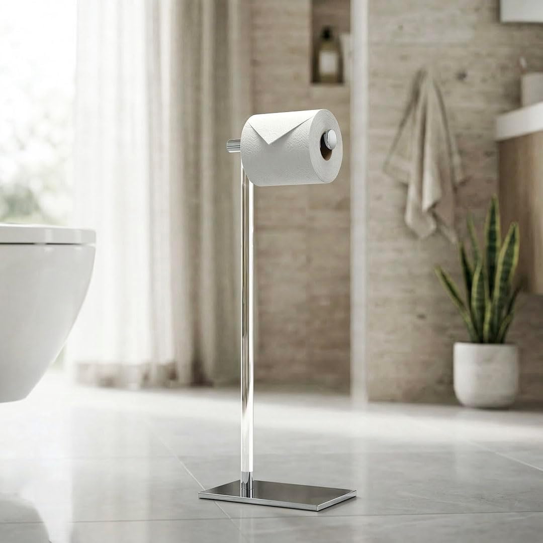 Gatco 1331C Modern Rectangle Base Freestanding Toilet Paper Holder, Chrome/Acrylic, Weighted Base Bathroom Tissue Stand