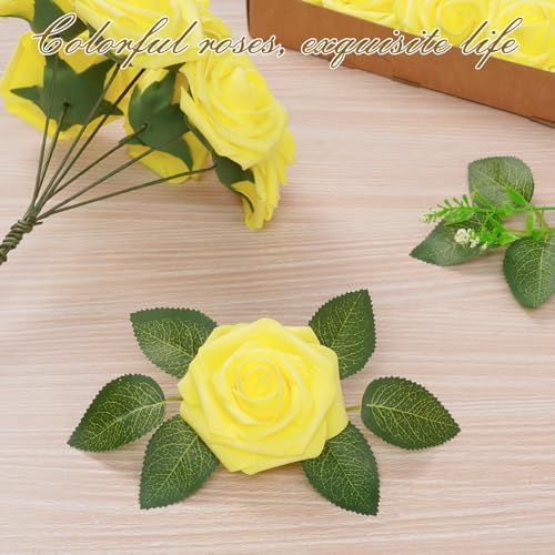 BLEUM CADE 36Pcs Artificial Flowers Fake Foam Roses with Stems for Wedding