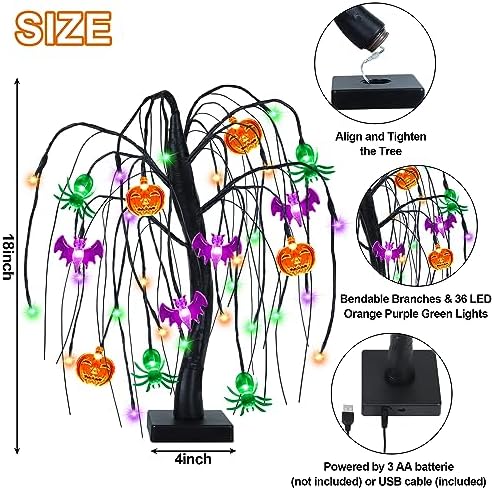 Halloween Table Decor 18 Inch 36 LED Halloween Willow Tree with Pumpkin Bat Spider Lights, Timer/USB/Battery Operated Black Halloween Tree Spooky Halloween Decorations Indoor for Home Party Room Gifts