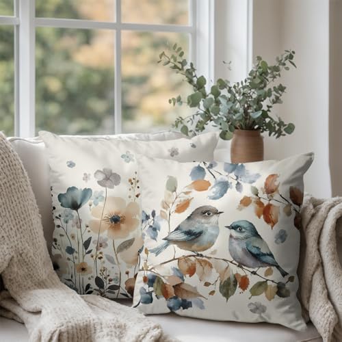 Fall Flower Bird Chinoiserie Pillow Covers 24x24 Set of 2 Burnt Orange and Blue Flowers Leaves Decorative Throw Pillows Covers Autumn Outdoor Cushion Cases for Home Couch Sofa