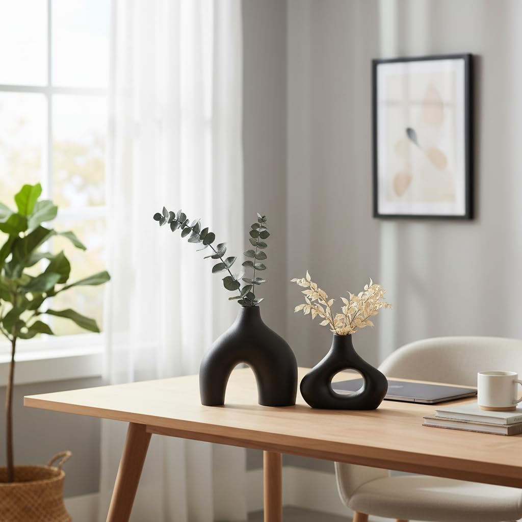 White Ceramic Hollow Donut Vase Decor / Black / Set of 2