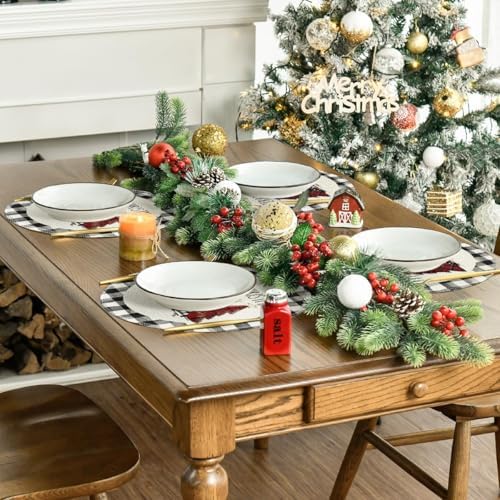 Artoid Mode Waterclor Buffalo Plaid Christmas Trees Merry Xmas Round Placemats Set of 8, 14 Inch Seasonal Winter Round Table Mats for Dining Decoration