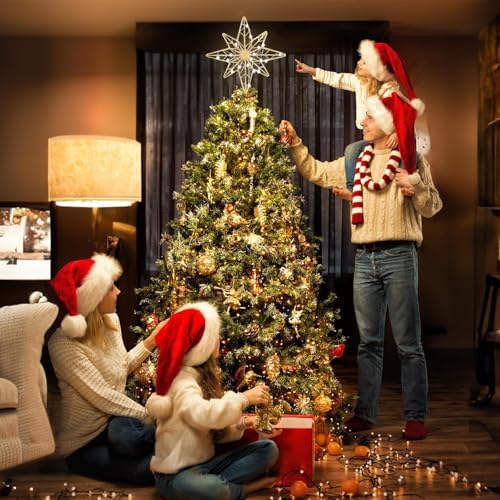 hogardeck Christmas Tree Topper, 12 Inches Lighted Gold Glittered 8-Point Star Tree Topper, 30 LED Sparkling Tree Toppers Christmas Decorations, Battery Powered Timer Xmas Treetop Star Decor