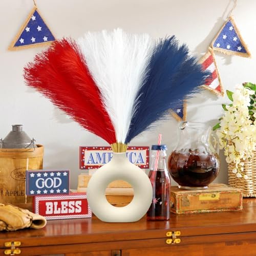 Agusbagli 30pcs 4th of July Decorations Faux Pampas Grass, 21.6in Red White and Blue Artificial Pompous Grass Patriotic Fake Pampas Stems Vase Filler for Home Table Independence Day Memorial Day