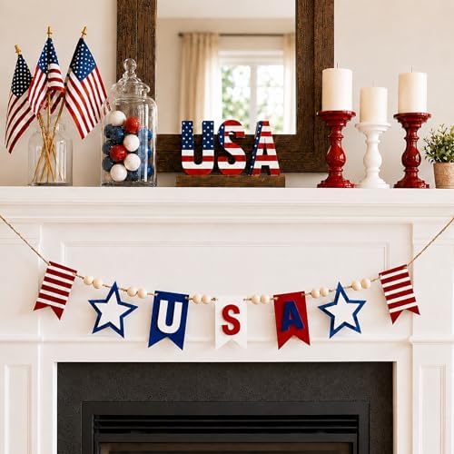 Felt USA Red White Blue Wood Bead Garland Banner for Mantel Fireplace