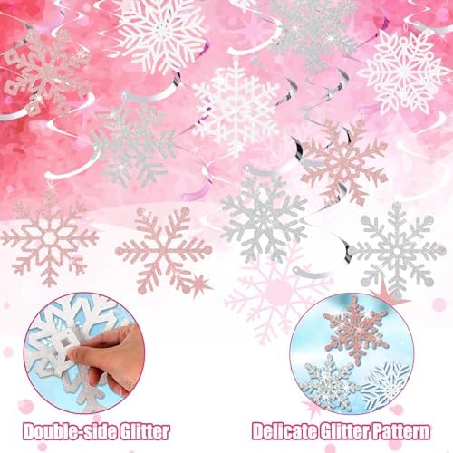 Snowflake Decorations, Christmas Hanging Decor, Pink White Silver, 30-Pc
