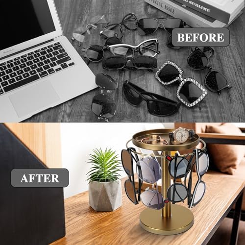 kondyfayo 360° Rotating Sunglass Organizer Storage, Stainless Steel Glasses Holder Stand, Glasses Organizer with Tray