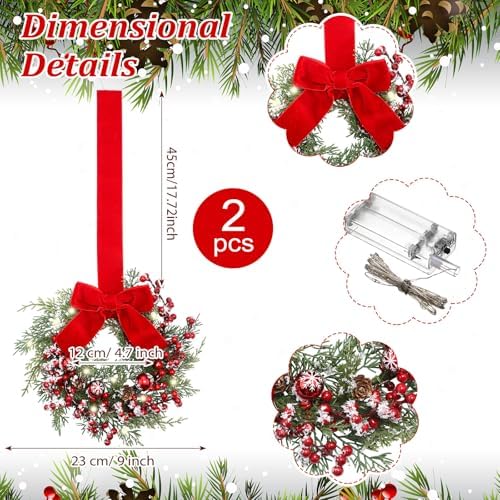 Thiccywoov 2 Pcs 9'' Small Christmas Cabinet Wreath with Light, Velvet Bow